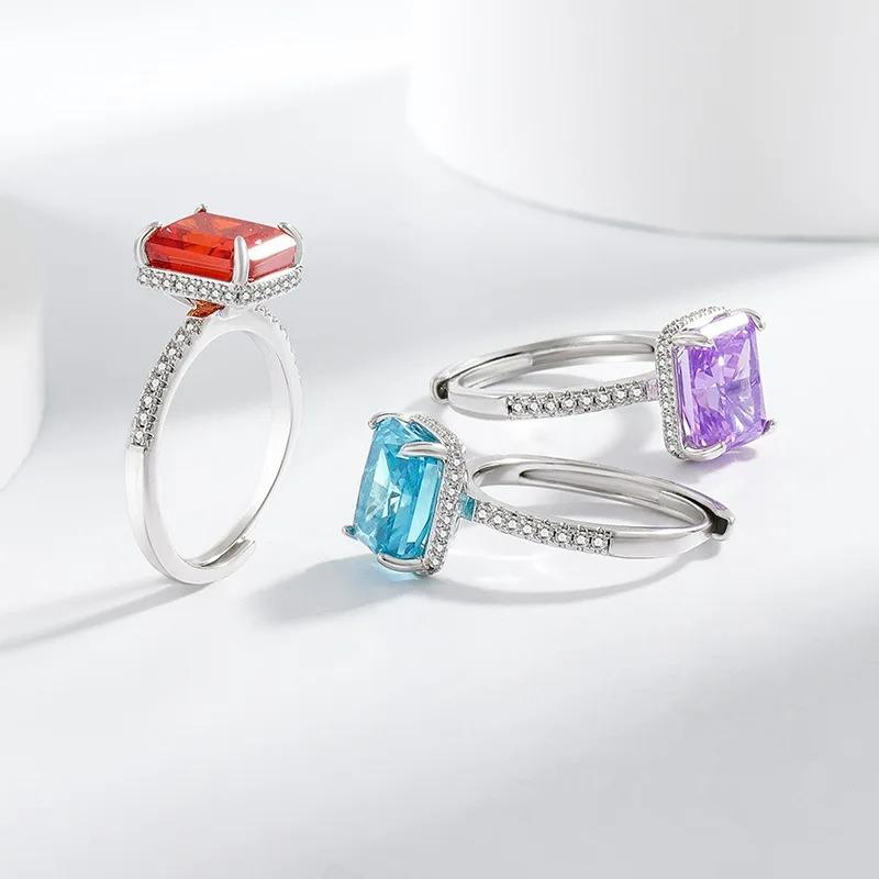 Main Stone 8 * 10MM Rectangle Color Ice Flower Cut High Carbon Diamond 925 Sterling Silver Light Luxury Fashion Women's Ring