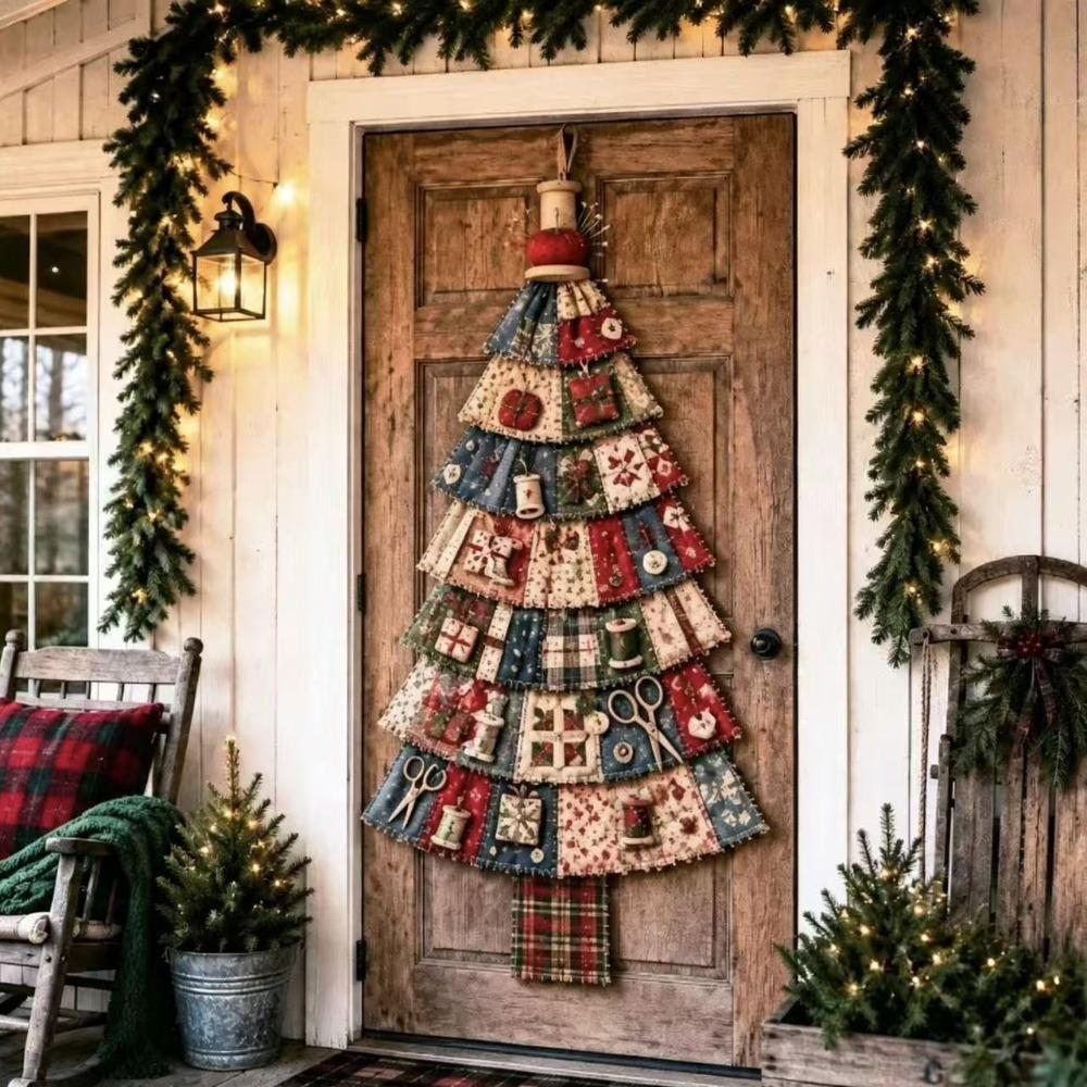 Vintage Patchwork Christmas Tree Door Hanging Handmade Hand-Sewn Oversized Fabric Christmas Tree Cozy Soft Plaid Print