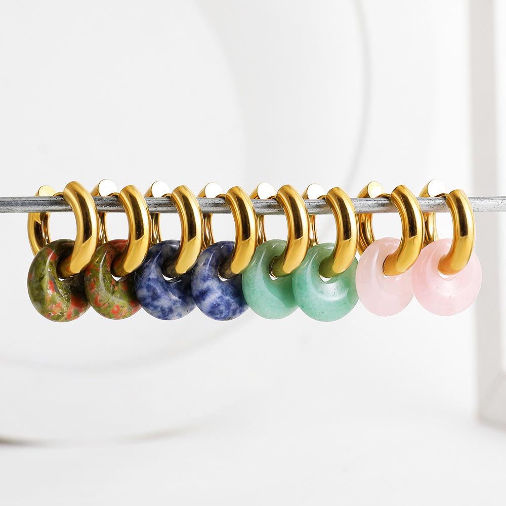 Stainless steel 18K gold colored natural stone earrings, Guofeng new Chinese round earrings, ear buckle ear jewelry
