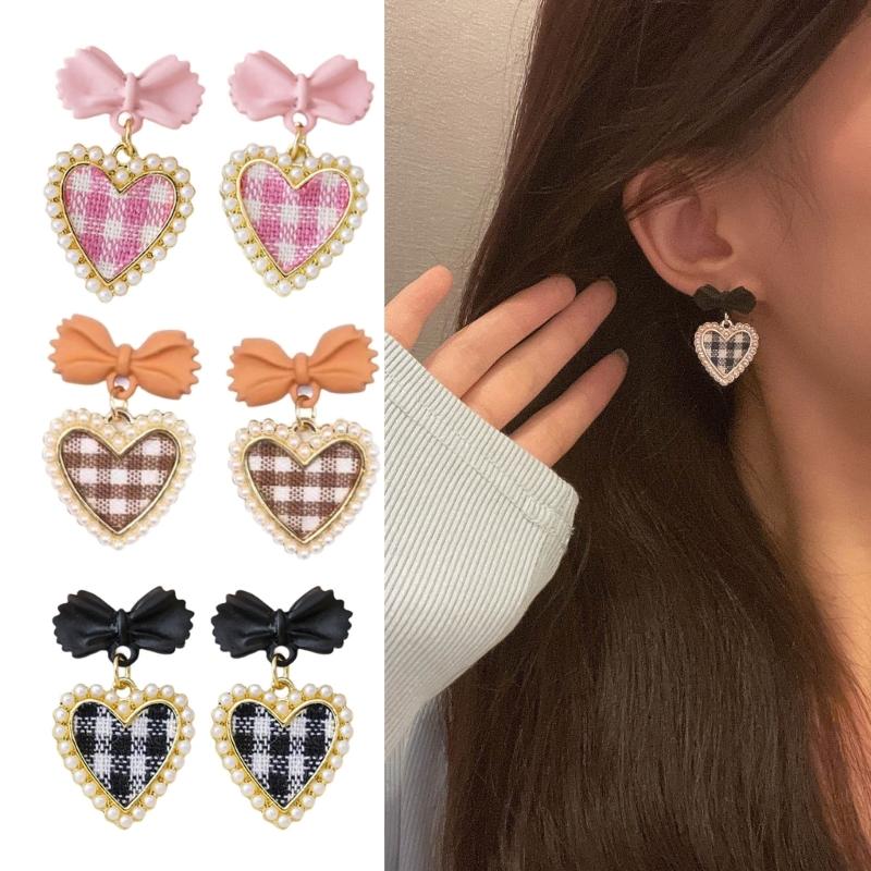 Cute Korean Hanging Love Grid Pearl Heart Earrings for Women Girls Fashion 2024 Bowknot Earrings Trend Party Jewelry