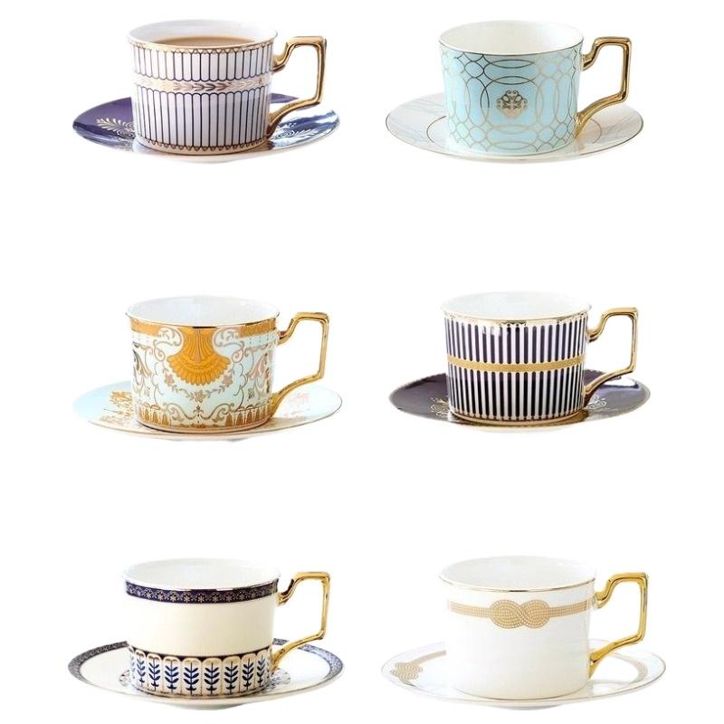 Sady kávových šálků a podšálků z jemného kostního porcelánu, 270 ml, krásně glazovaný šálek na čaj se zlatým lemem a uchem, keramické kávové šálky se zlatou lžičkou