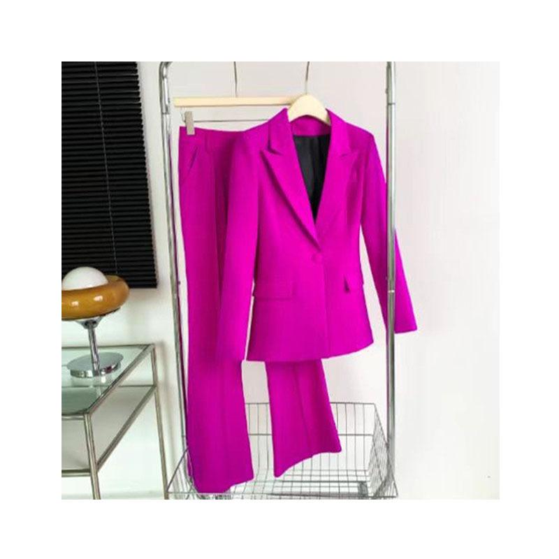 European and American Star Style Professional Suit Set, One-Button Long Blazer with Flared Pants Two-Piece Set for Women