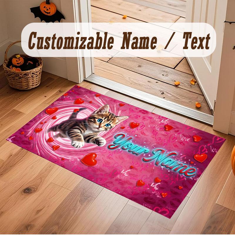 Cat Theme Crystal Velvet Floor Rug Personalized Custom Name Text Warm Carpet Home Decoration