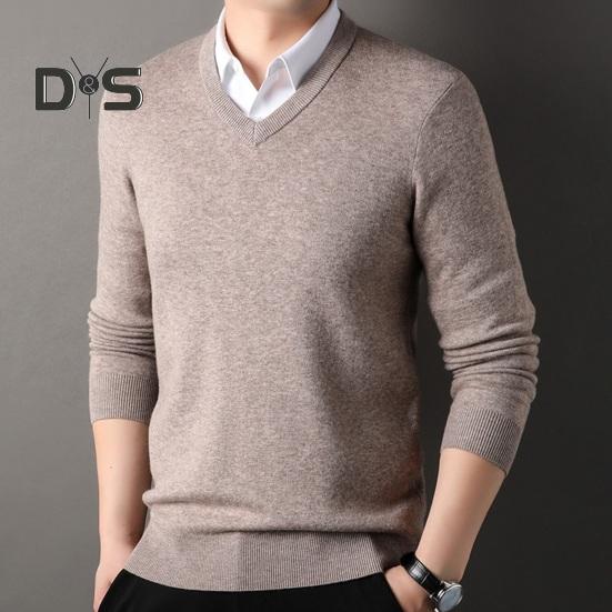 Sweter męski na jesień i zimę z dekoltem w serek, dzianinowy, jednokolorowy, elastyczny, rozciągliwy, średniej długości, formalny, biznesowy