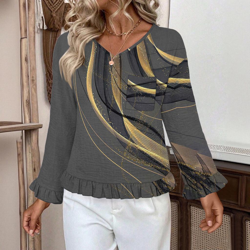 Dámský ležérní módní top s volánky, výstřihem do V, potiskem a dlouhým rukávem