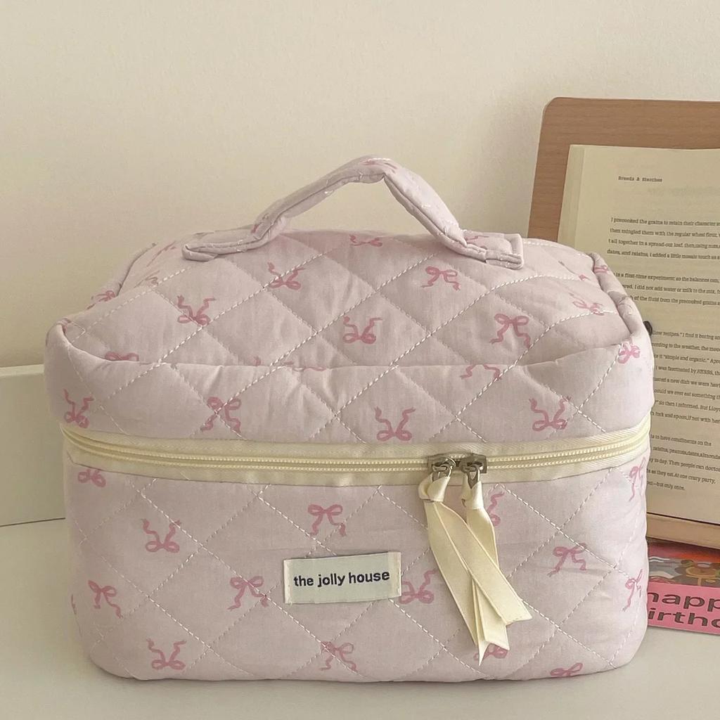 2024 Pink Bear Quilting Women Cosmetic Bag Cute Zipper Makeup Travel Organizer Female Handbag Toiletry Pouch for Girls