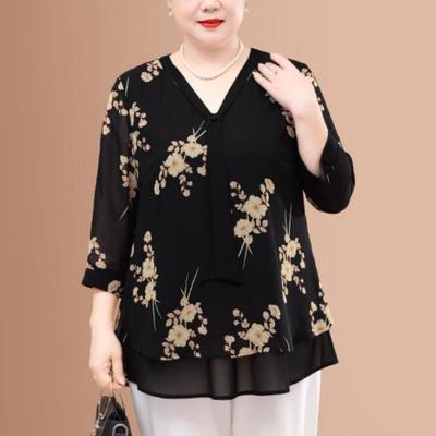 Minimalistischer Stil Bedruckte Frühling und Herbst Rundhals Damen Kordelzug Mode Floral Kariert Halbarm Locker Chiffon Tops