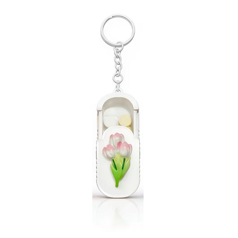 Waterproof Keychain Pill Organizer Tulip Pattern Portable Compact Pill Case Small for Outdoor Activities Daily Medication Carry