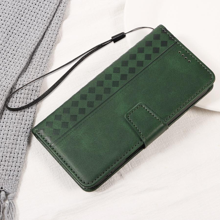 Solid Color Luxury Embossed Geometric Card Holder Wallet Case for iPhone/Samsung/Xiaomi Magnetic Buckle Phone Case Hand-strap Flip Cover