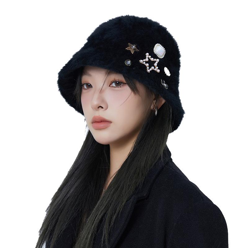 Autumn and winter light luxury rhinestone thickened and enlarged rabbit hair wool hat women's fashion light luxury warm ear protection bucket hat