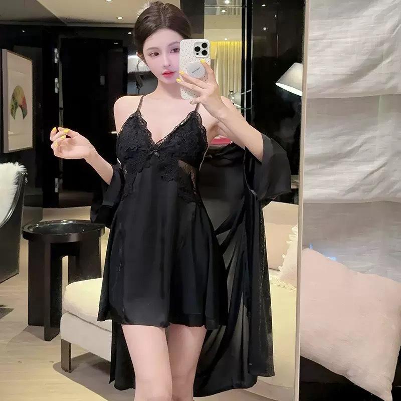 Summer thin women's ice silk suspender nightgown two-piece set high-end sexy lace pajamas with chest