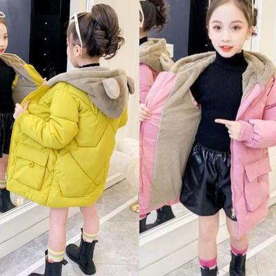 Girls Hooded Plus Velvet Thicken Outerwear Winter Warm Coats Parkas Jacket Cute Solid Down Jackets Kids Casual Clothes