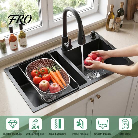 Double Bowl Kitchen Sink Sink, 30.7x16.9 Inch Stainless Steel with Nano Coating, Deep Drop-in/Top-Mount for Modern Kitchen, Includes Drain