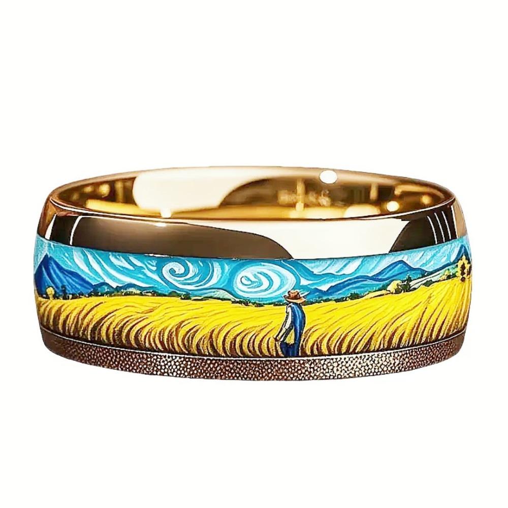 

8MM Fashion Oil Painting Inlay Men s Stainless Steel Rings Unique Women Gold Color Steel Ring Wedding Engagement Jewelry Gift 7 золотой
