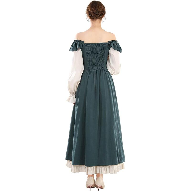 Abito lungo rinascimentale medievale, abito da fata con maniche lunghe a bolla con spalline a contrasto, abbigliamento vintage da donna, festa di Halloween, costumi per eventi pastorali