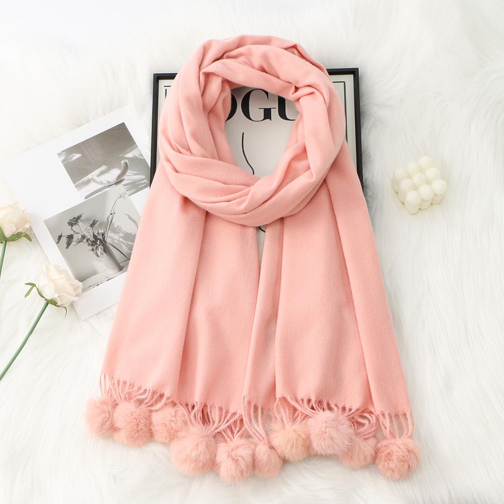 Winter Extended Extra Thick Solid Color Scarfs For Women Muffler With Lovely Hairball Tassel Outdoor Insulation And Warm
