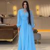 2024 Autumn Elegant V-Neck High Waist Lantern Sleeve Women's Long Dress In Solid Color.
