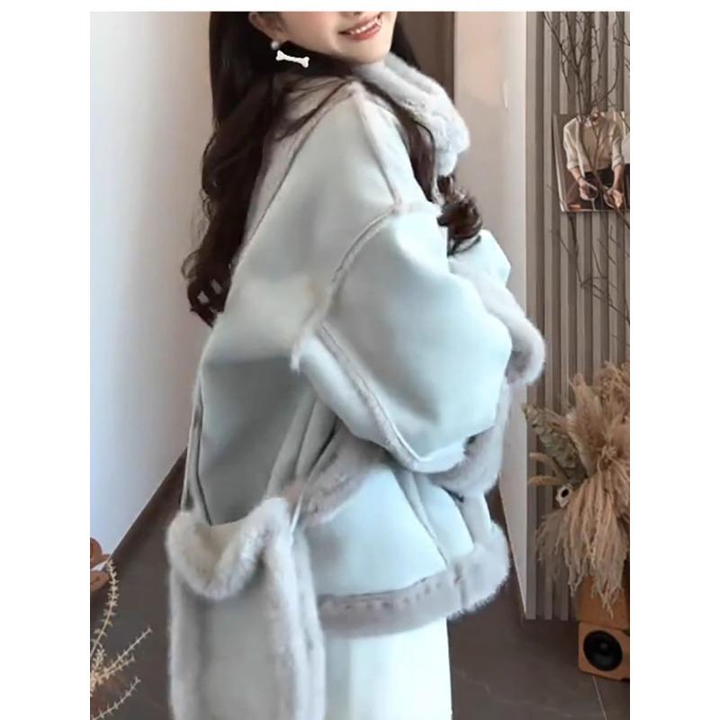 Cappotto invernale da donna in finta pelle scamosciata e pelliccia corto largo stile coreano giacca spessa capospalla senza borsa