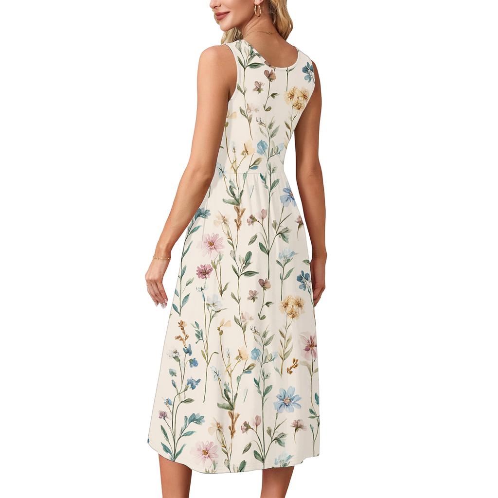 Fashionable women's summer dress with floral print, flowy casual , perfect for beach vacations, sundress with pockets.