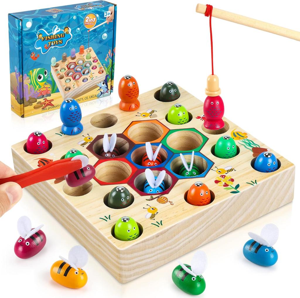 COOLJOY Montessori 2-in-1 Magnetic Fishing Game for Children Aged 2 and Above, Wooden Toy, Montessori Toy from 2, 3 Years, Authorised Patent