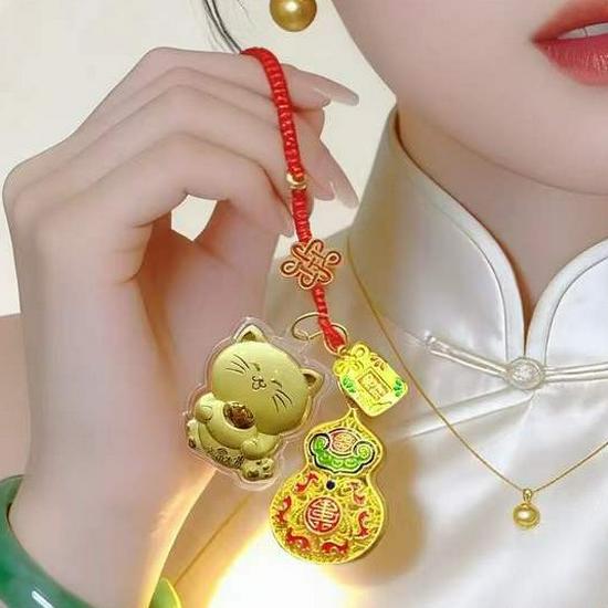 Pure 999 Gold Filigree Enamel Copper Gourd Keychain: High-End Bag Charm & Business Gift for Couples