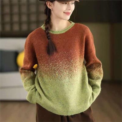 Maglioni Pullover Vintage da Donna Colore Degradé Autunno Girocollo Manica Lunga Lavorati a Maglia Maglioni Femminili