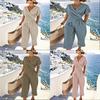 Traje de Verano para Mujer de Color Puro con Mangas Cortas Irregulares y Pantalones Plisados para Uso Casual