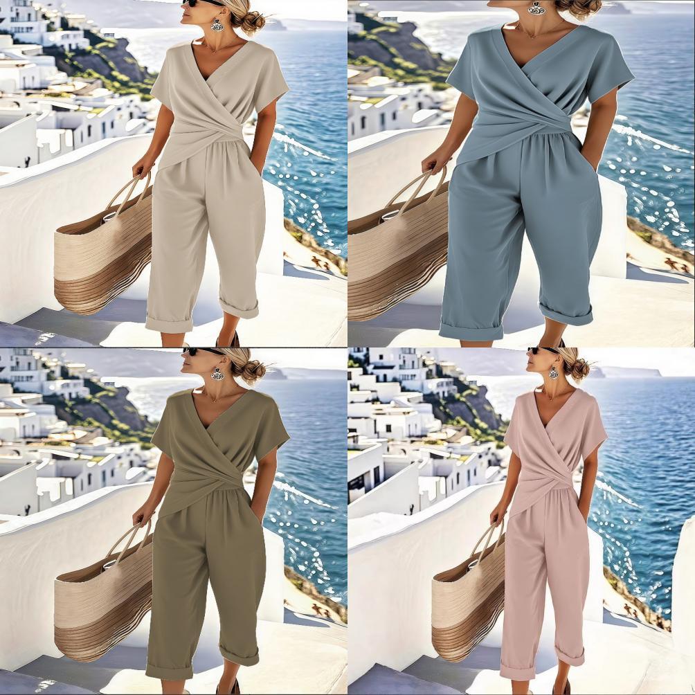 Traje de Verano para Mujer de Color Puro con Mangas Cortas Irregulares y Pantalones Plisados para Uso Casual