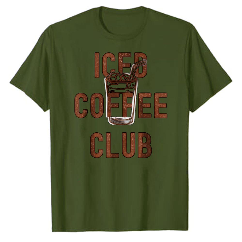 Vintage Funny Iced Coffee Club Graphic Tee Crew Neck Short Sleeve Relaxed with Straw Ice Cubes Text Design High Quality Cotton