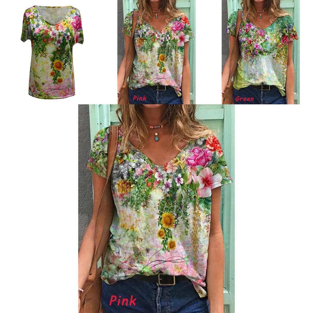 Comfortable Womens V Neck Short Sleeve Blouse Casual Floral Print T-shirt Tunic Tops