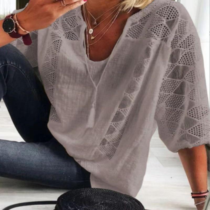 Spring Summer Women Solid Casual Top Shirt New Fashion Elegant Loose Black Office Holiday Lace Splicing Shirts Women Clothes