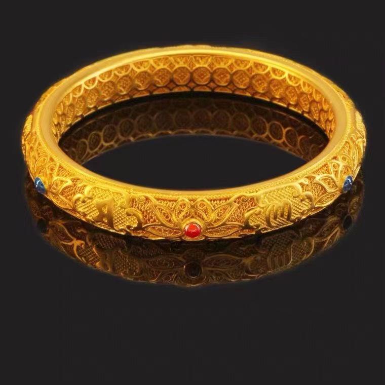 Pozłacana bransoletka z lotosem - Damska bransoletka w kolorze imitowanego złota z mantrą sześciu sylab, Lekka luksusowa biżuteria ślubna