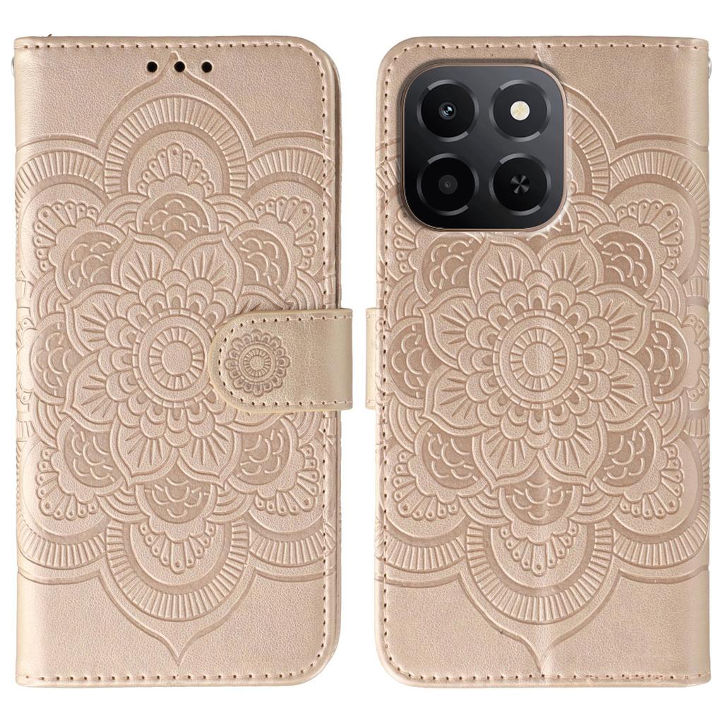 For Honor X6c 4G Case PU Leather Mandala Imprinted Design Wallet Phone Cover with Wrist Strap