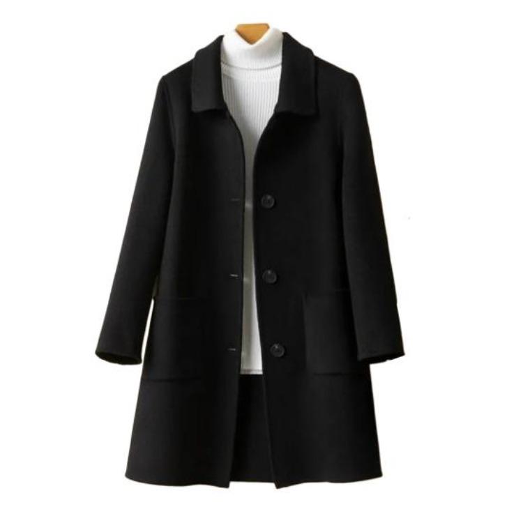 Women Single Breasted Pea Coat Mid Length Wool Blend Trench Coat Notch Lapel
