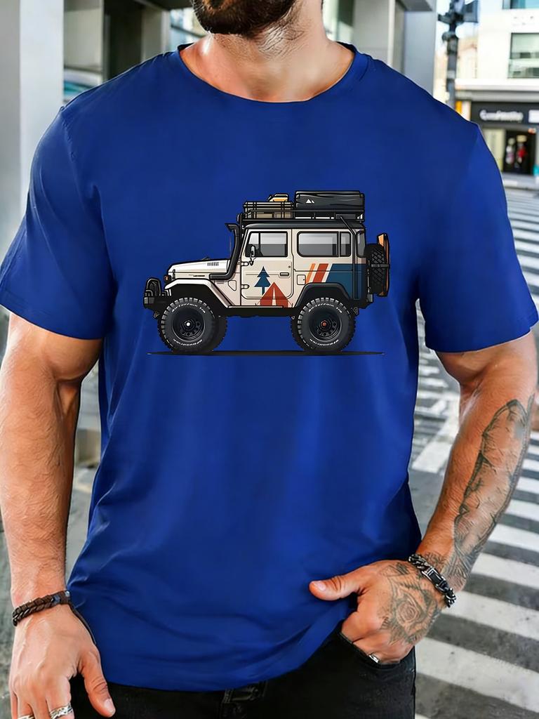 Unisex Red Tee Retro Outdoor Off Road Suv Car Graphic Print Short Sleeve Loose Casual Top For Adult Male Daily Street Wear Outfit