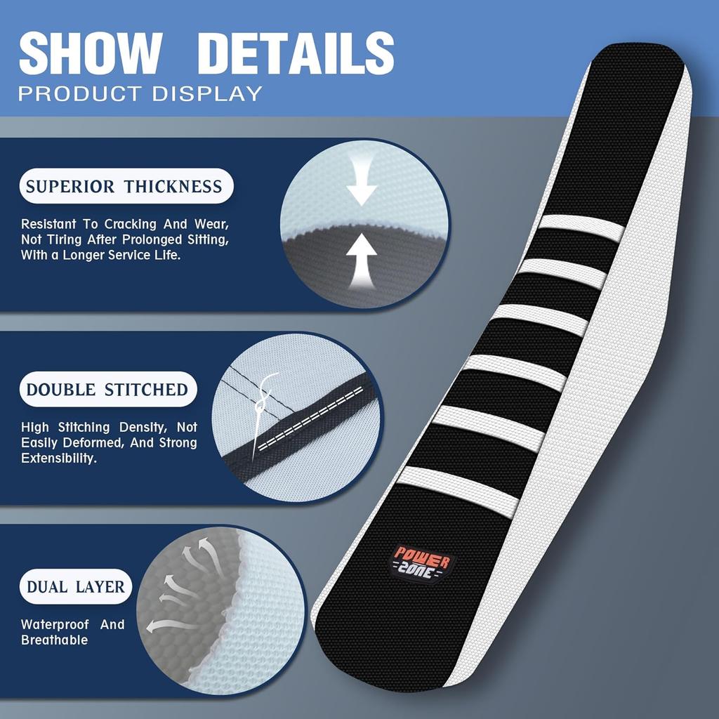 Dirt Bike Seat Cover Universal - Ribbed Gripper Pit Bike Seat Cover for Motorcycle Enduor Motocross White-Black