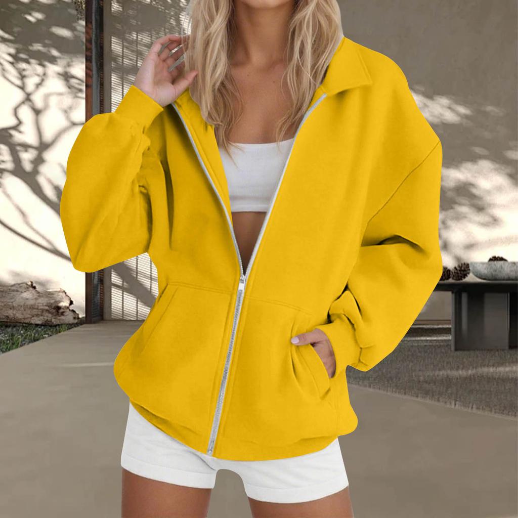 Women's  Fashion Zipper Hoodie Long Sleeve Hooded Pullover Sweatshirt Casual Solid Color Tops With Pockets