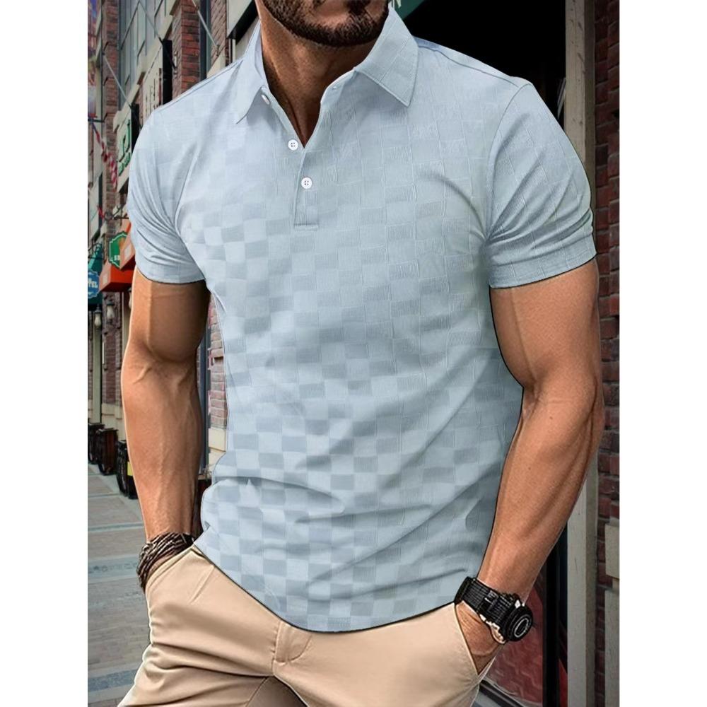 Summer New Plaid Jacquard Lapel Short Sleeved European and American Men's Daily Casual Polo Shirt