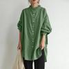 Camisa de Manga Larga de un Solo Botón con Cuello Alto Retro para Otoño e Invierno, Camisa Básica Casual Suelta de Color Sólido de Algodón y Lino para Mujer