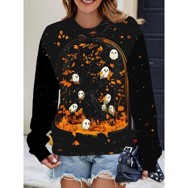 Womens Casual Hoodie With 3D Halloween Print Round Neck Lightweight Breathable Fabric