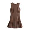 Women Sleeveless Pleated Mini Dress Solid Round Neck Slim A Line Dress Elegant Brown Party Short Dress European Style Casual Dress