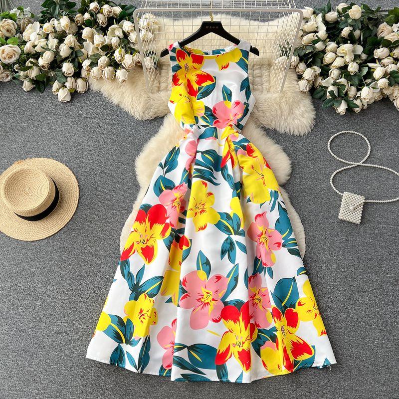

French Style Retro Summer Swing Vest Print Dress Yellow XL