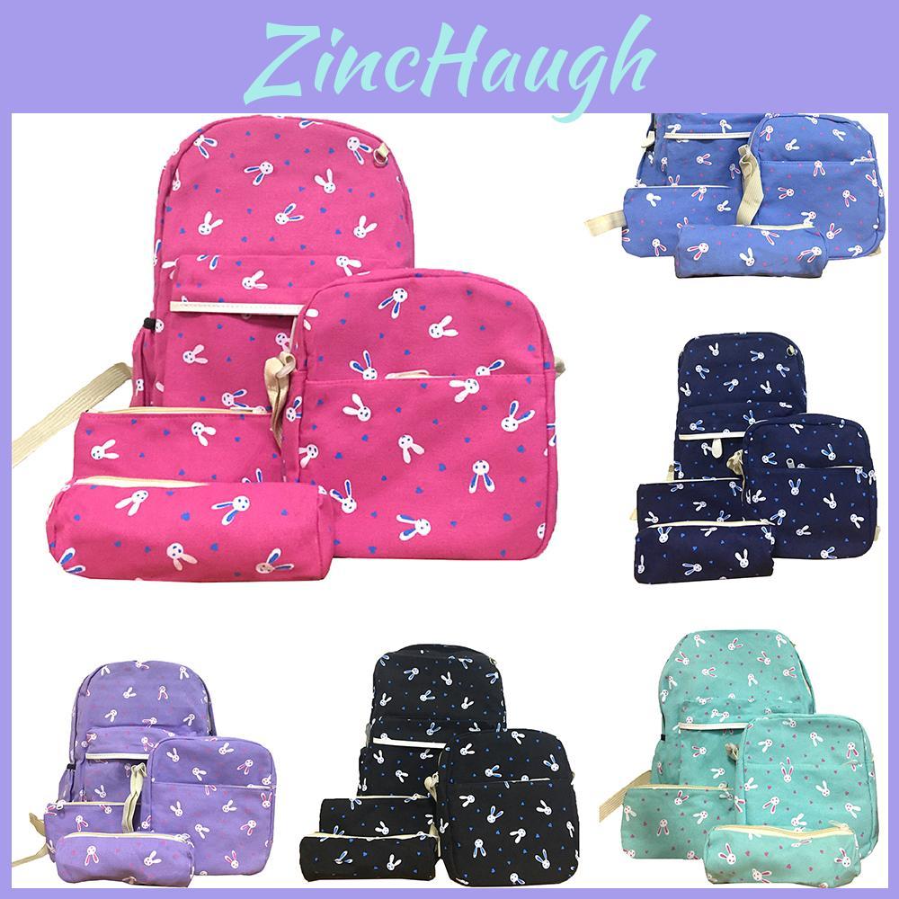 Trendy 4pcs Girls Backpack Set Featuring Durable Canvas Material And Adorable Rabbit Pattern