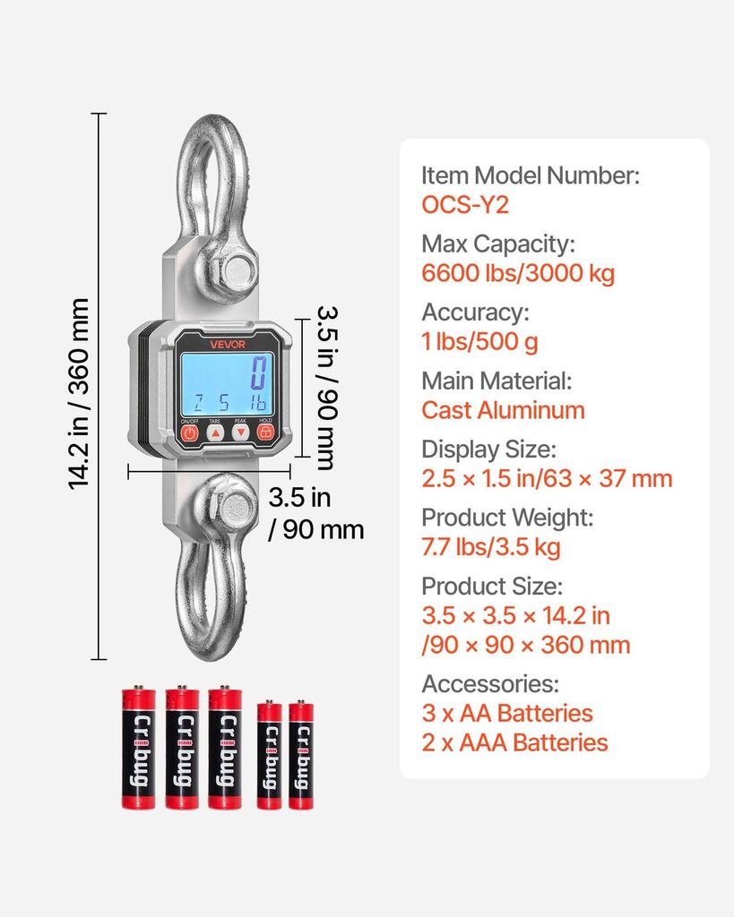 Digital Crane Scale, 6600 lbs/3000 kg Max Capacity, Heavy Duty Industrial Hanging Scale with Cast Aluminum Case & LCD Display, 500 g Division & 3 Unit
