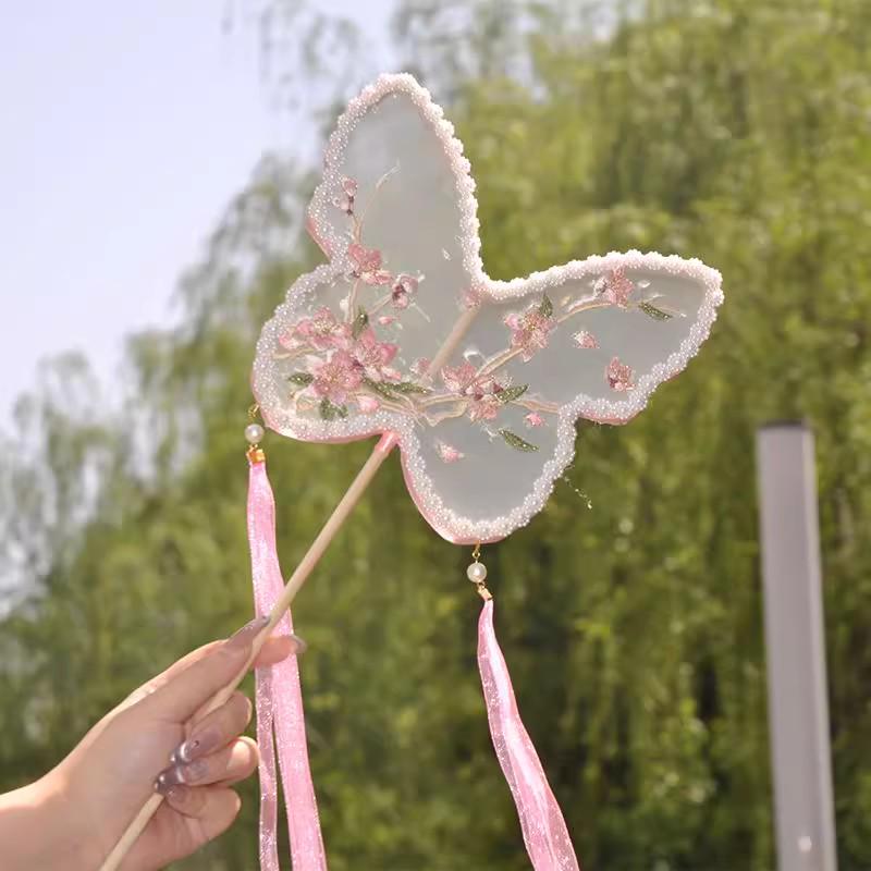 Taneční vějíř - Ručně vyšívaný vějíř s třásněmi pro Hanfu a dětský tanec