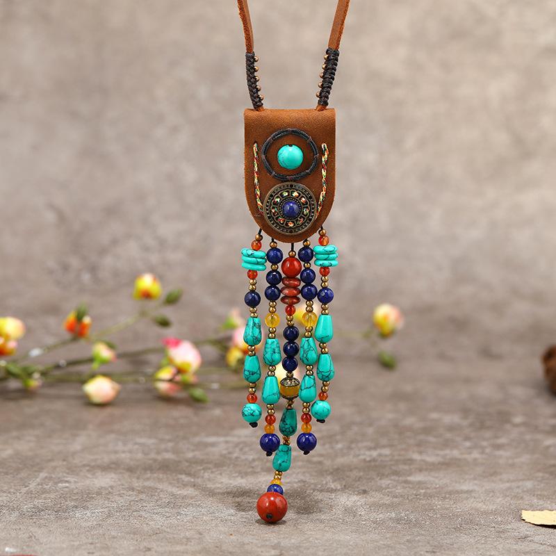 

Нишевое ретро тибетское длинное колье кожа бирюза бахрома кулон свитерная цепочка отпускные украшения женские