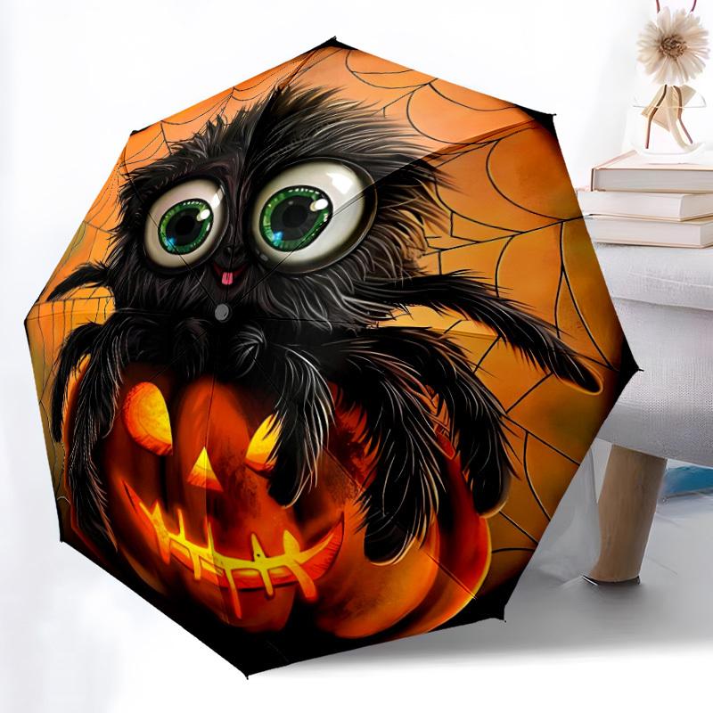 1pc Halloween Spider Automatic Folding Umbrella, Lightweight Retractable Compact Travel Umbrella, 8-Rib Sturdy Frame114