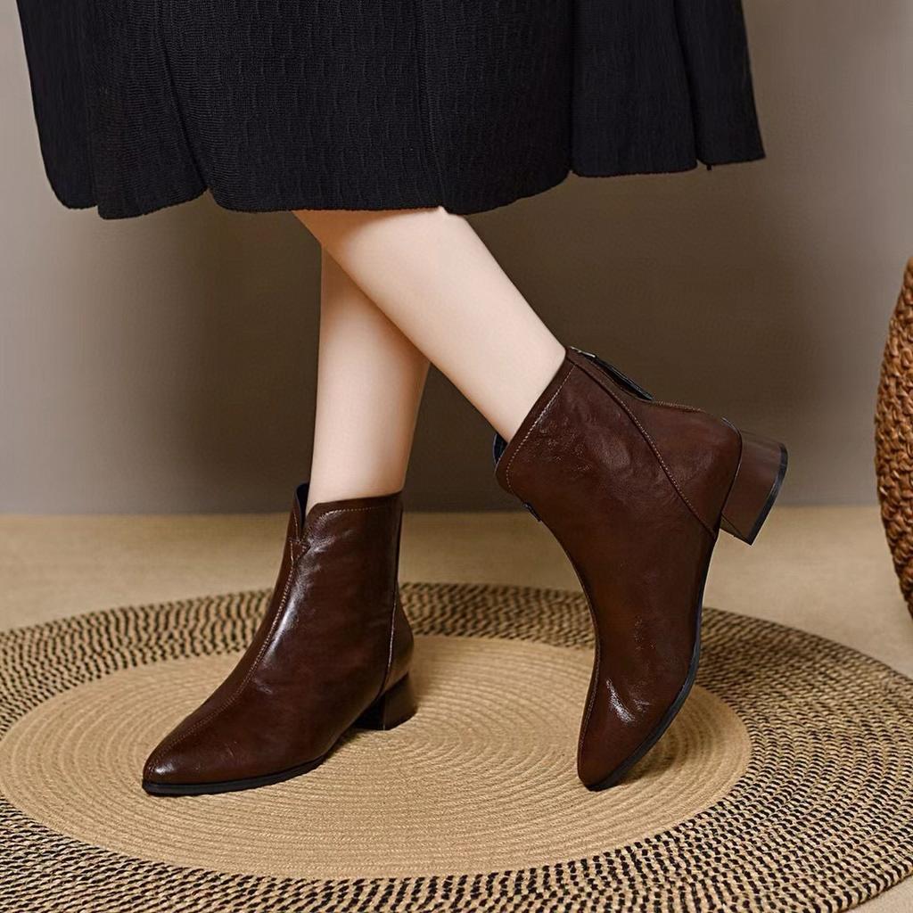 Pointed Short Boots Women's Autumn and Winter New Rear Zipper Low Heel Leather Boots Simple Temperament Fashion Boots Cotton Boots