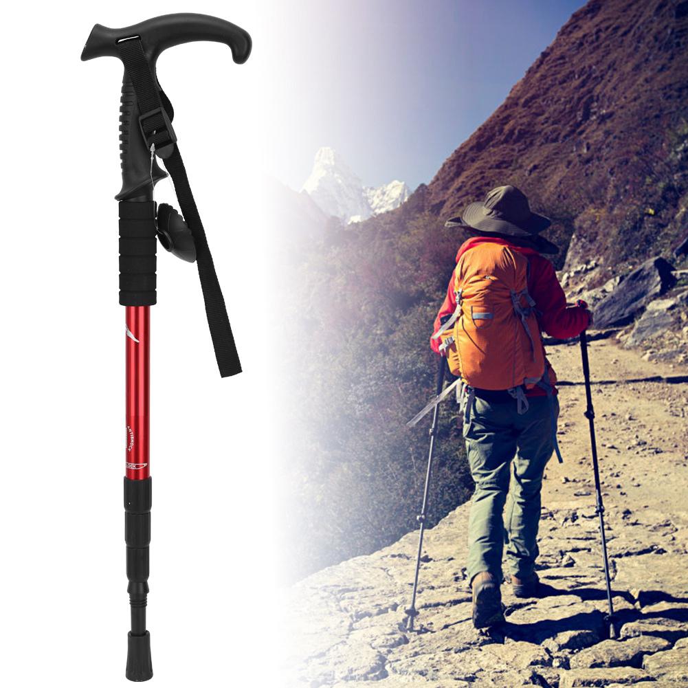 Outdoor Aluminium Alloy Suspension T Handle Trekking Pole Walking Stick for Climbing Camping(red )