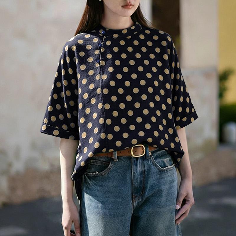 ZANZEA Women Casual Stand Collar Loose Half Sleeve Polka Dot Print Blouse S темно-синий